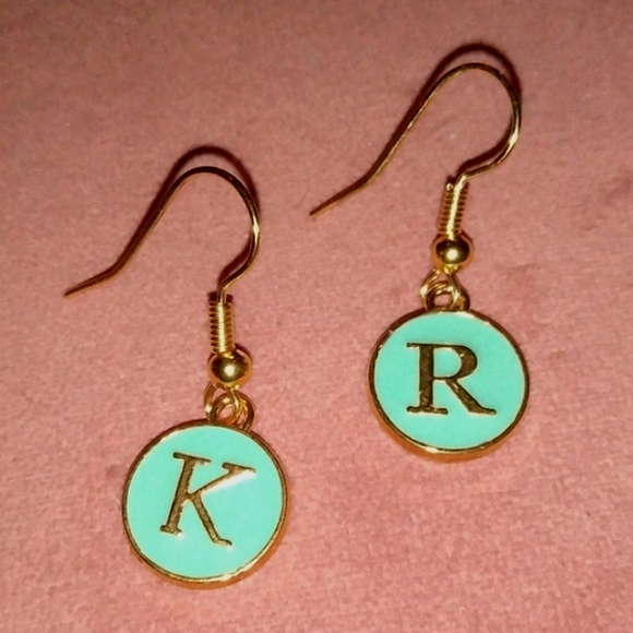🪷 SALE Any Initials Personalized Earrings Aqua Blue Enamel Gold Initial Charms - Picture 1 of 10